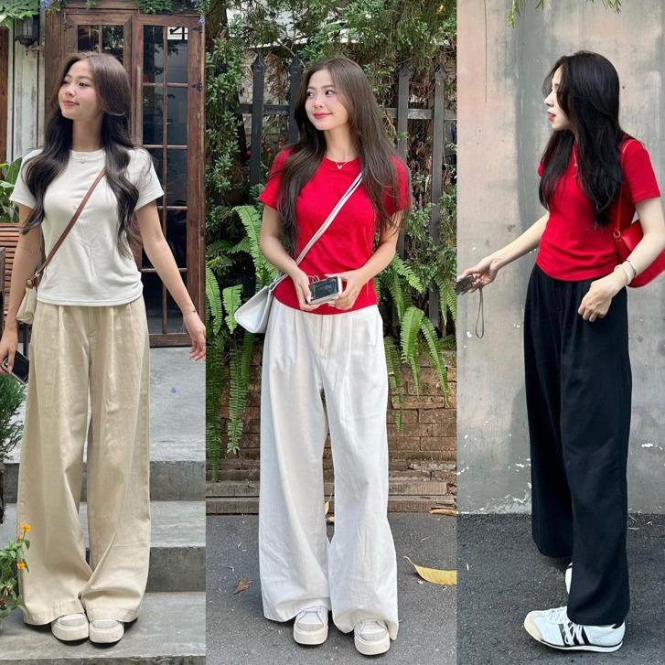 Quần Ống Xuông Cạp Chun Co Dãn Chất Đũi Nhăn Mùa Hè Mặc Mát Có Túi Quần Tây Ống Rộng Cạp Lưng Cao Ống Suông Có Sẵn Ảnh Thật Nhung Ong Nữ Pants Women