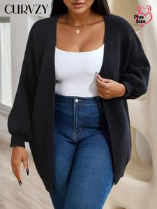 CURVZY Plus Size Solid Bishop Sleeve Open Front Cardigan, Casual Long Sleeve Knitwear for Fall & Winter, Women's Clothing for Daily Wear