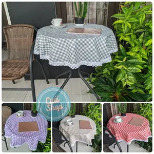 Taplak MEJA BULAT RENDA Rajut Estetik Kekinian Motif Kain Kotak-Kotak Gingham by Cuii Shop