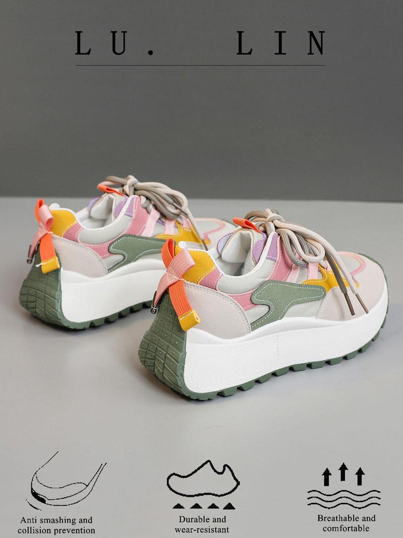 Product Introduction of Women's Fashionable Colorblock Lace Up Low Top Sneakers, Casual Comfortable Breathable Sports Running Shoes, All-match Non-slip Sneakers for Daily Wear 4