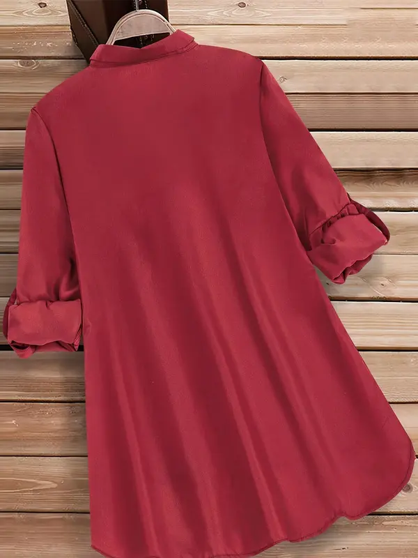 Plus Size Solid Roll Up Sleeve Half-Button High Low Blouse, Casual Long Sleeve Collar Longline Top for Summer, Women's Plus Clothing for Daily Wear 1