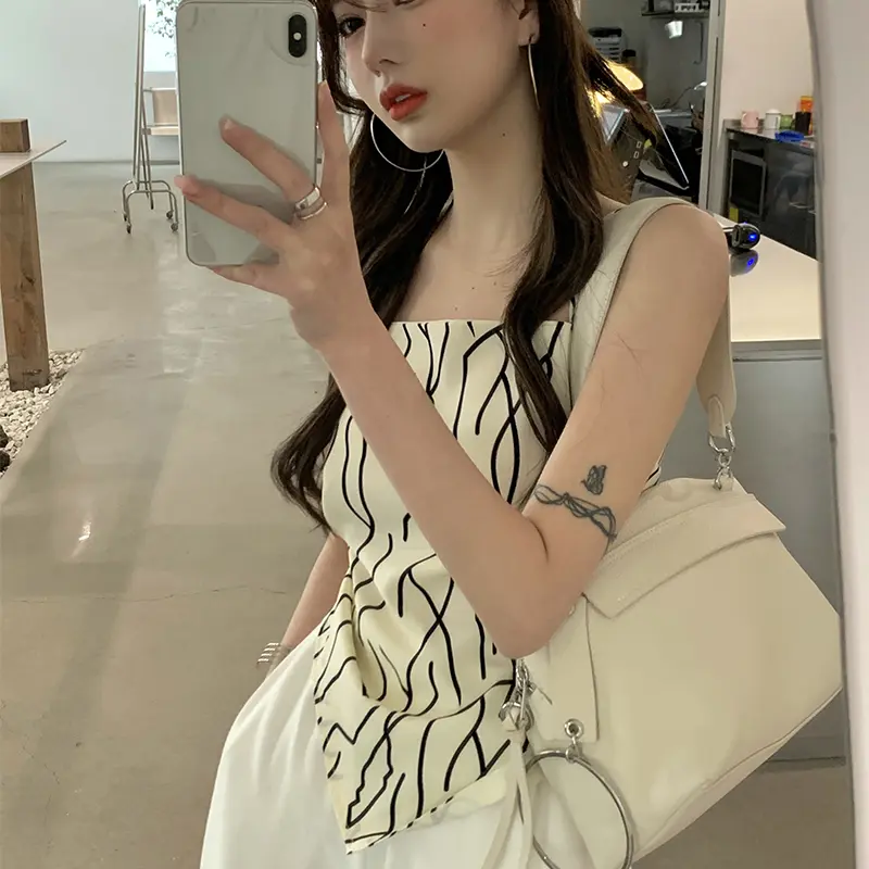 Women's Cropped Hem Halter Camisole Boat Neck Sleeveless Off Shoulder Top, Black/Beige