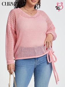 CURVZY Plus Size Solid Hollow Out Sweater, Casual Long Sleeve V Neck Jumper for Spring & Fall, Women's Plus Clothing for Daily Wear