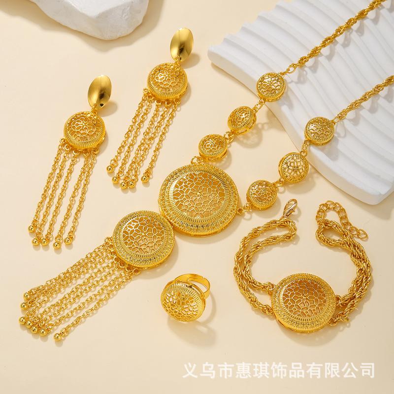Product Introduction of 24k Gold Plated Necklace Bracelet Earrings Ring Jewelry Set for Bride Women's Accessories Four-piece Set 6