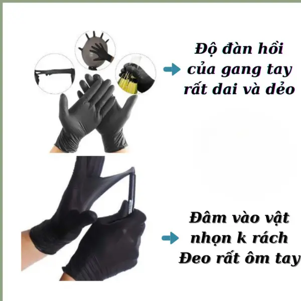 ( Cam Kết Đủ 1 hộp 100 Chiếc ) Găng tay cao su  không bột màu Đen có nhám ở đầu tay Rửa Bát Chống Nước bao  tay  tế 2