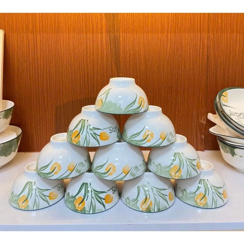 Bộ 10 Bát Chén Ăn Cơm Gốm Sứ Cao Cấp Hoa Văn 4D Sang Trọng, Set Bát Ăn Cơm Đẹp Đường Kính 10cm 0