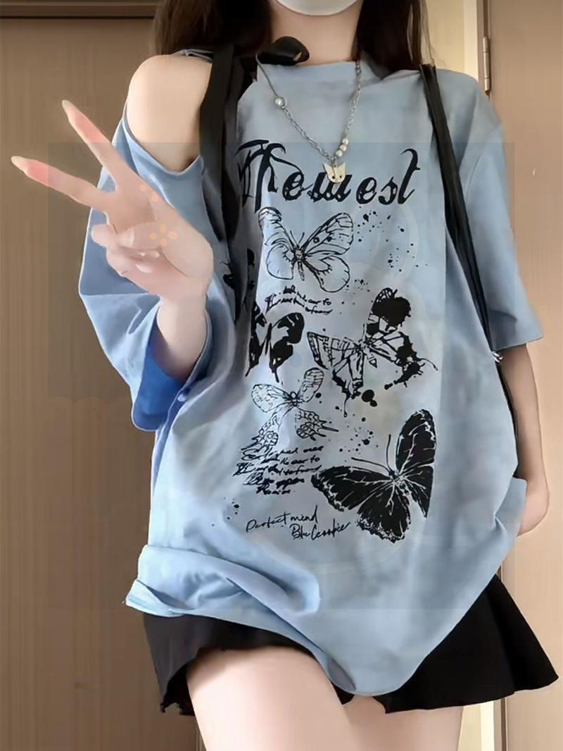 Product Introduction of [Bow Bandage Design] Preppy Style T-shirt Retro off-Shoulder Loose Short Sleeve Top Summer New Printing 12