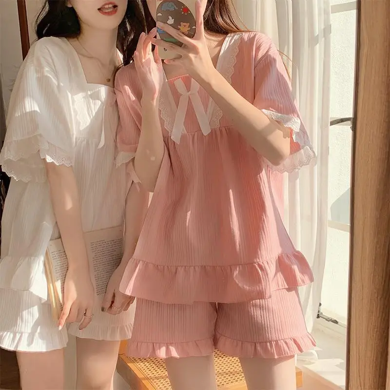 Bộ Đồ Ngủ Ren, Có Nơ, Dành Cho Nữ,đồ ngủ mặc nhà Bộ Đồ Bạn Gái Dễ Thương, Đồ Mặc Nhà Áo