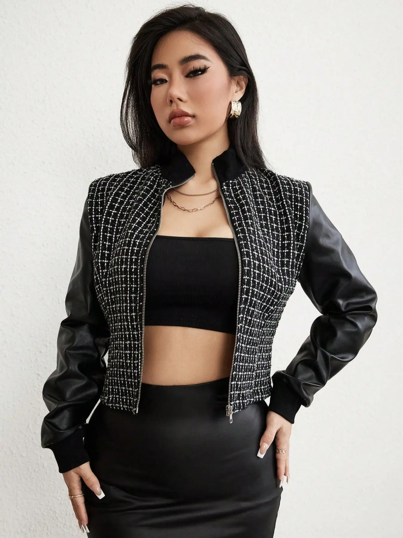 Women's Plaid Patchwork Zip Up Tweed Jacket, Elegant Fashion Long Sleeve Funnel Neck  Outerwear for Daily Outdoor Wear, Women Clothing for Fall & Winter