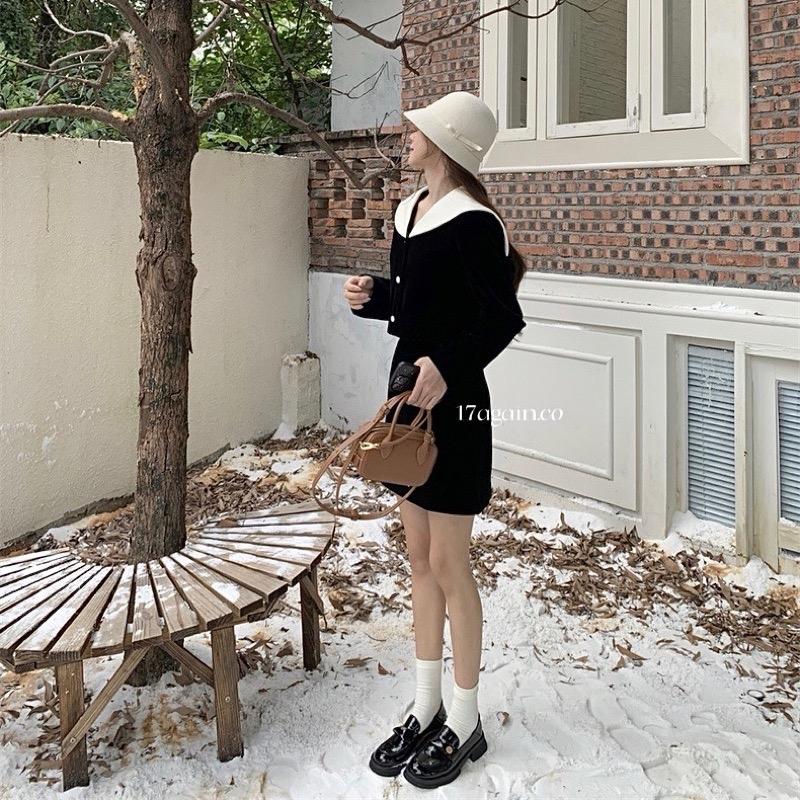 Set váy nhung cổ bèo trắng tiểu thư mix chân váy nhung 2