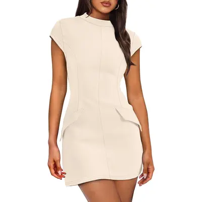 Missufe Short Sleeve Ruched Bodycon Dress Women's V Neck Summer Casual Short T Shirt Dress (Black, X-Small