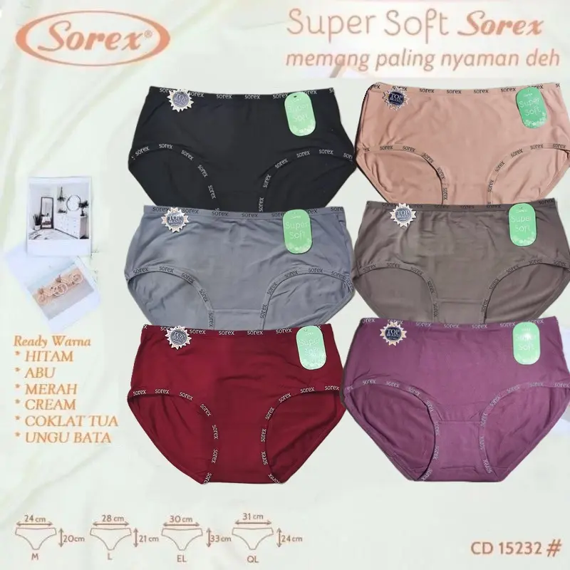 Isi (3, 6, 12pcs) CD Sorex 15232 Celana Dalam Wanita Super Soft Lembut Cutting Midi 0