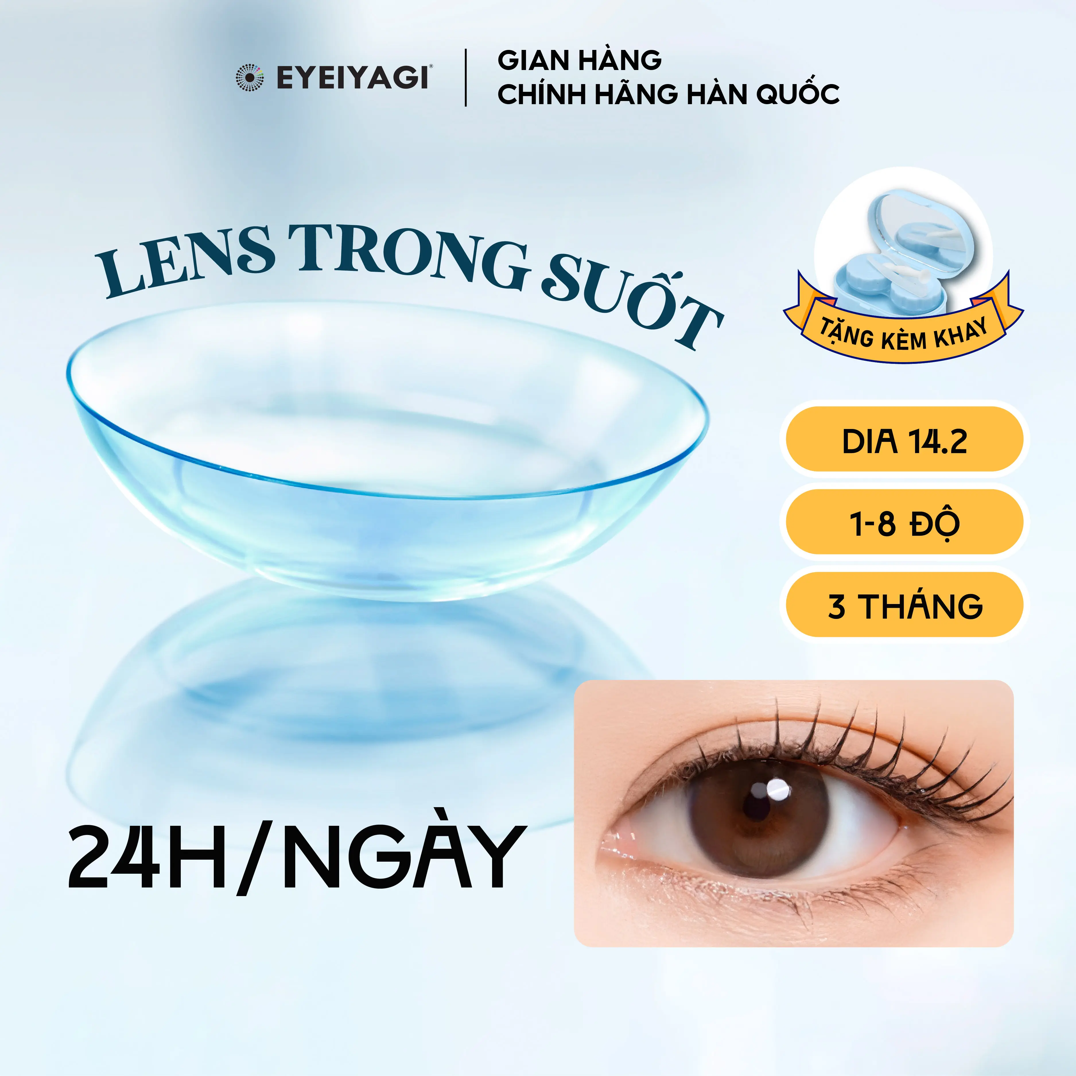 Lens trong suốt 24h Aqua Pure kính áp tròng cận EYEIYAGI độ cận 1-8 DIA 14.2mm | Lens không ngâm chính hãng Hàn Quốc