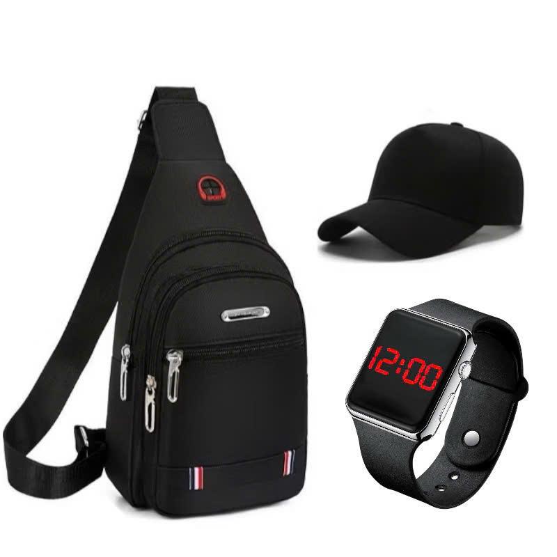 Combo 3 Món: Túi Đeo Chéo Vải Canvas+ Đồng Hồ LED+ Mũ Lưỡi Trai Nam Nữ