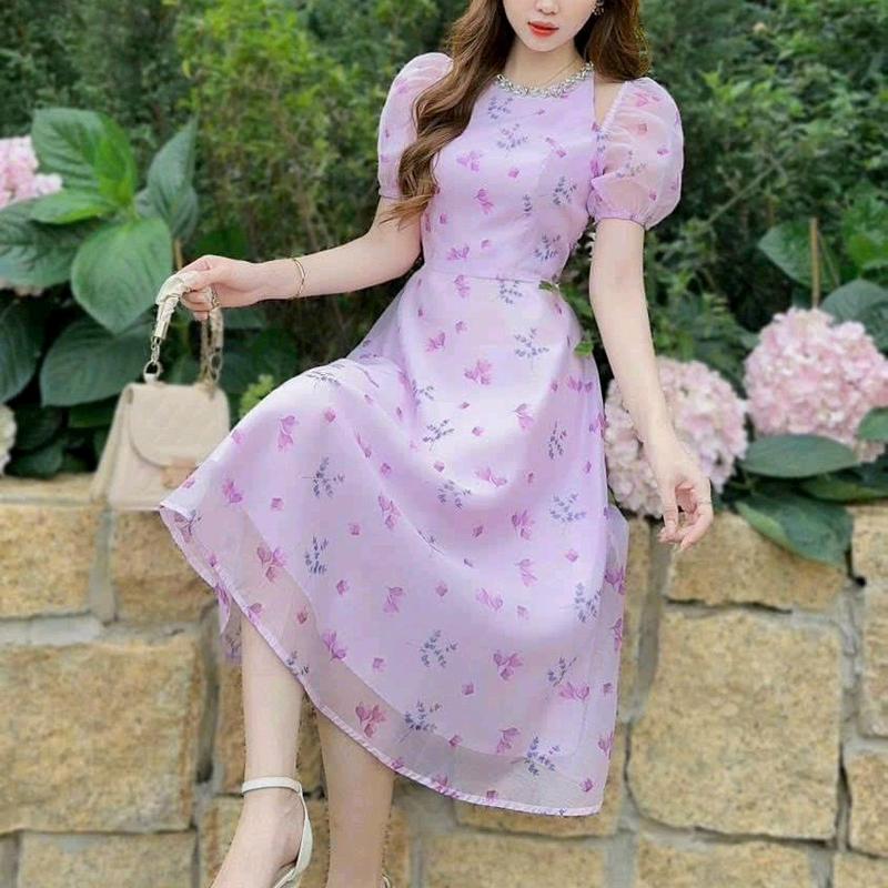 Đầm voan hoa cổ cườm tay phồng (free size eo dưới 72cm) đầm nữ đi tiệc đi chơi 1