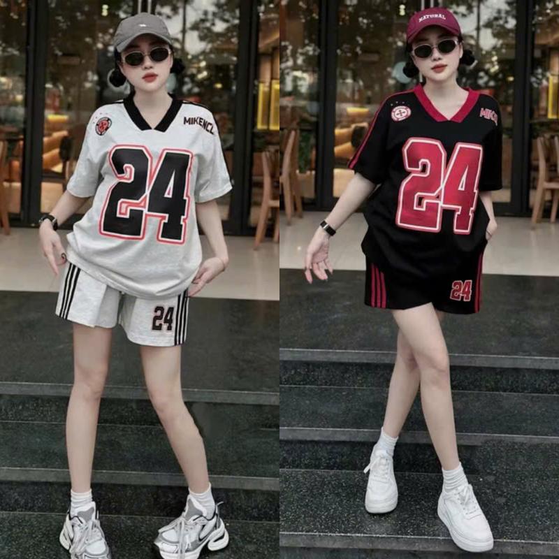 Bộ mặc nhà nữ mùa hè chất cotton su phom rộng set đùi ngắn thể thao in 24 - Women, Nữ đồ macnha bộ