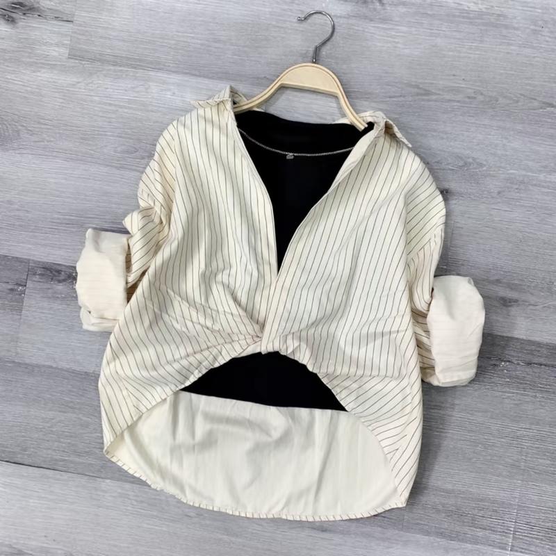 Product Introduction of Áo Sơ Mi Nữ Kẻ Sọc Xoắn Bụng Chất Nhung Mền Mại Phong Cách Hàn Quốc Top Cotton Women Shirt 3