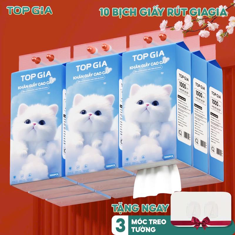 (ĐA KHO) Thùng 10 bịch Khăn Giấy Rút Treo Tường Cao Cấp Gia Gia TopGia 1000 tờ, 4 lớp kèm 3 móc treo tường tiện lợi