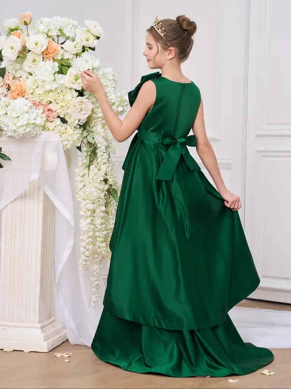 Girl's Floral Decor Mesh Bow Gown Dress, Elegant Formal Party Dress for School Performances & Evening Parties, Kids Clothes for Summer 2