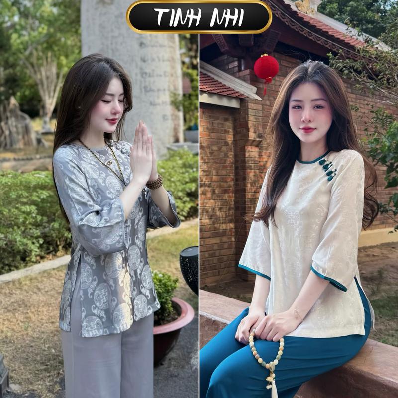 Đồ lam đi lễ lụa tơ tằm đính kết cúc cầu vai Tinh Nhi trẻ trung PP72 Nhung Nữ