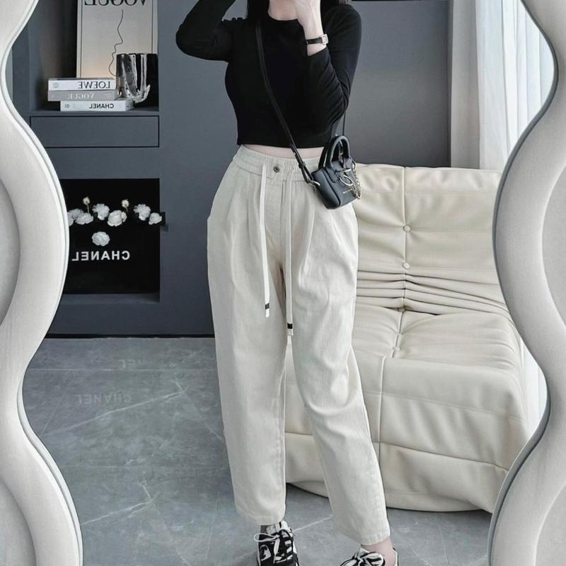 Quần Baggy Chất Liệu KaKi Giãn Cao Cấp Nữ Quần Cạp Cao Lưng chun Có Giây Rút Ống Đứng Siêu Tôn Dáng Cá Tính Pants Women Lưng Cao Ong quần cho nấm lùn Màu Nâu