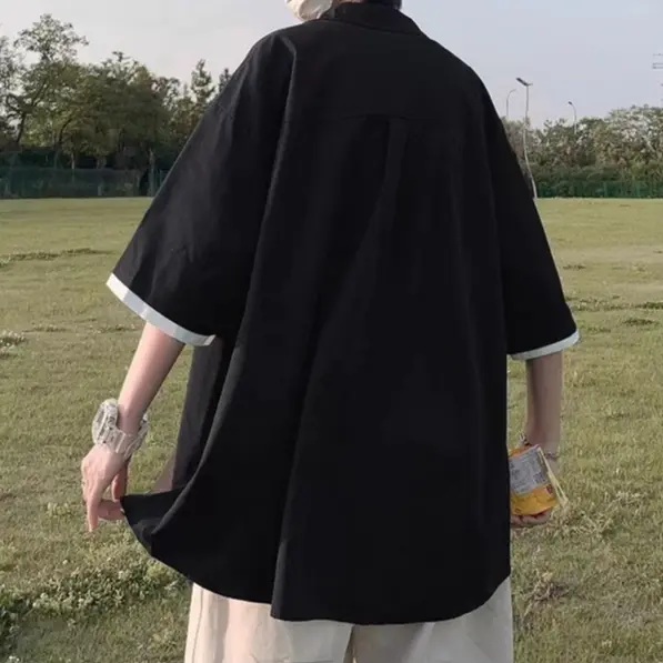 Kemeja pria lengan pendek korean style oversize kemeja hitam cowok kasual kemeja batik longgar kemeja panel pria kaos couple pasangan kemeja polos korea Premium Impor kemeja2023 Remaja 3