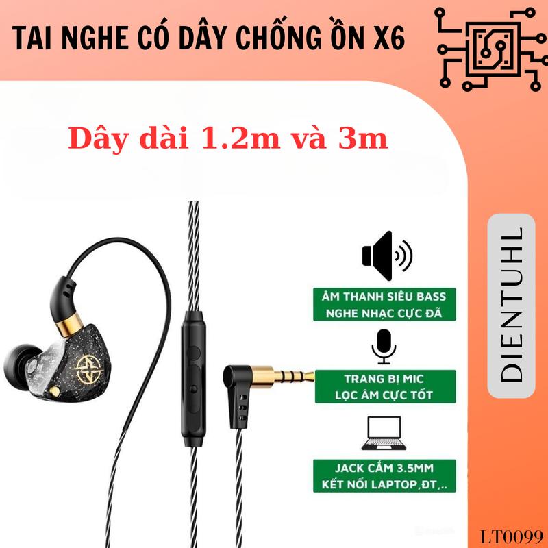 Tai Nghe Nhét Tai Có Dây X6, Chống Ồn Cực Tốt, Âm Thanh Super Bass, Có Mic Nghe Nhạc Chơi Game Điện Thoại Earphone