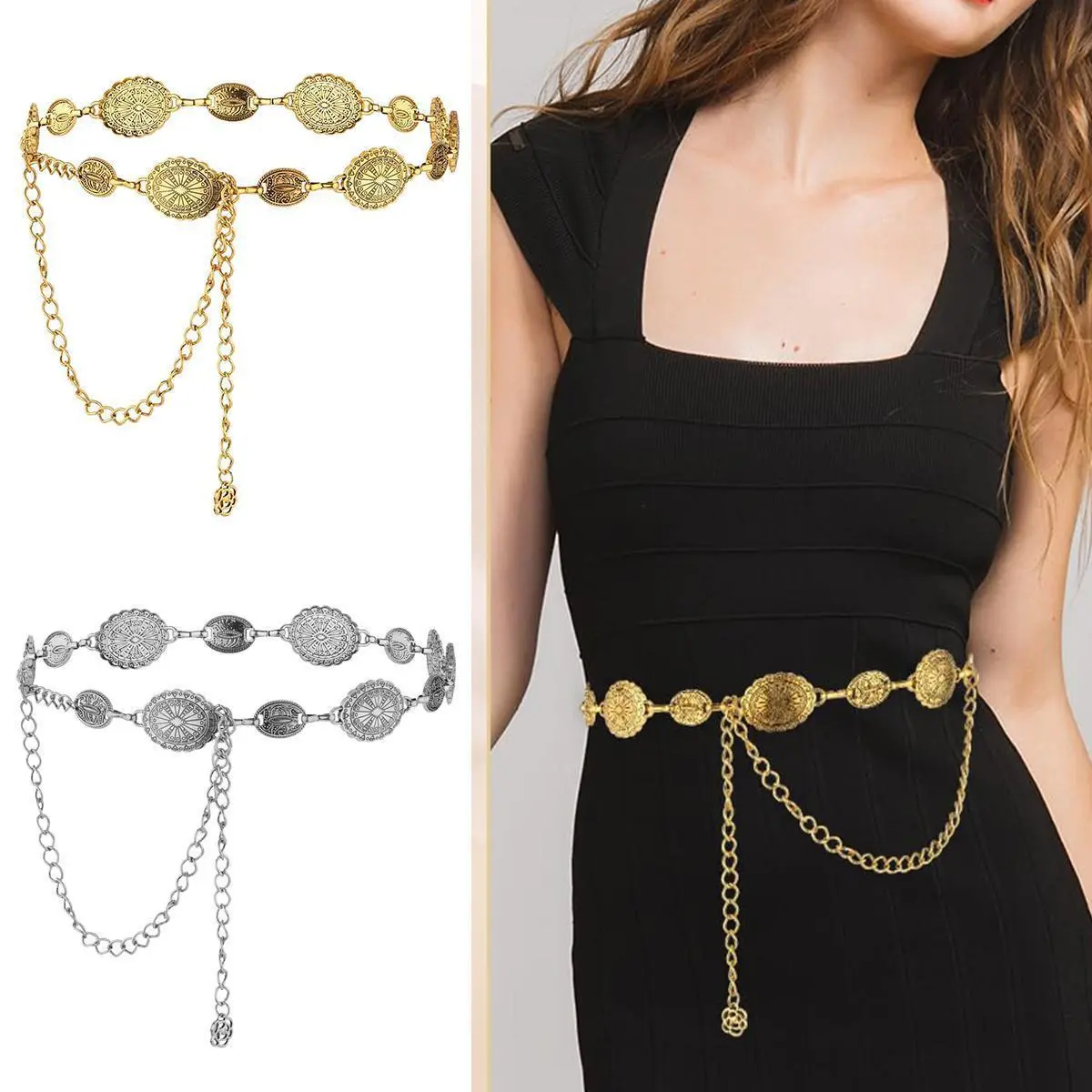 6 oval shaped flower retro fashion chain, a metal sized shield waist chain suitable for women's dresses, dresses, pants, belts, hip-hop street rock waist chains
