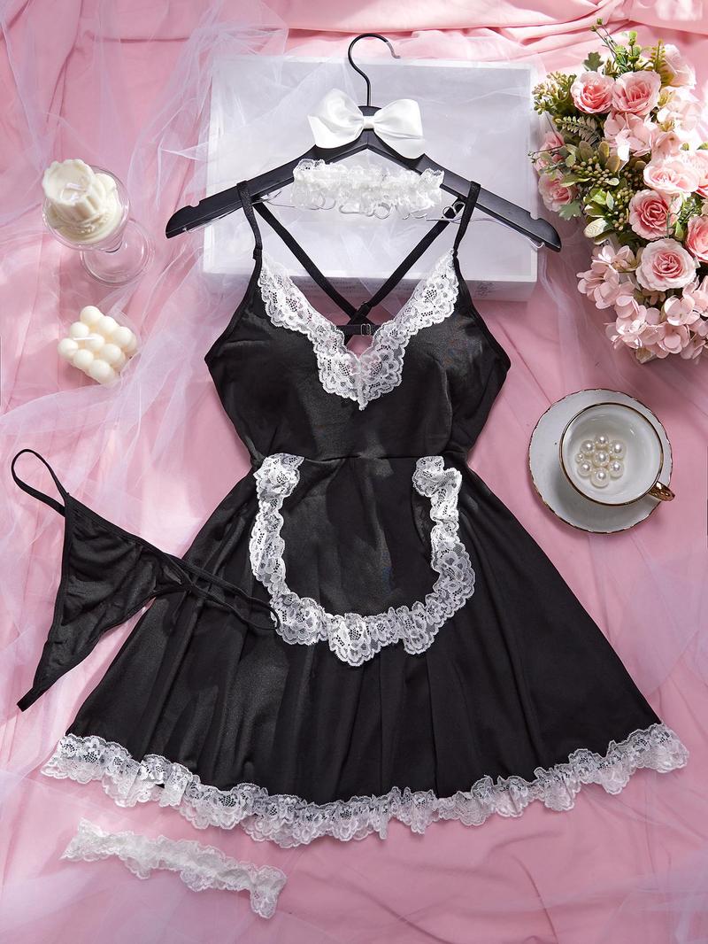 Product Introduction of Women's Contrast Lace Cami Nightdress & Thong & Choker & Wristband Four-piece Set, Sexy Criss Cross Backless Ruffle Trim Nightgown & Accessories, Women's Sleepwear & Loungewear Set 1