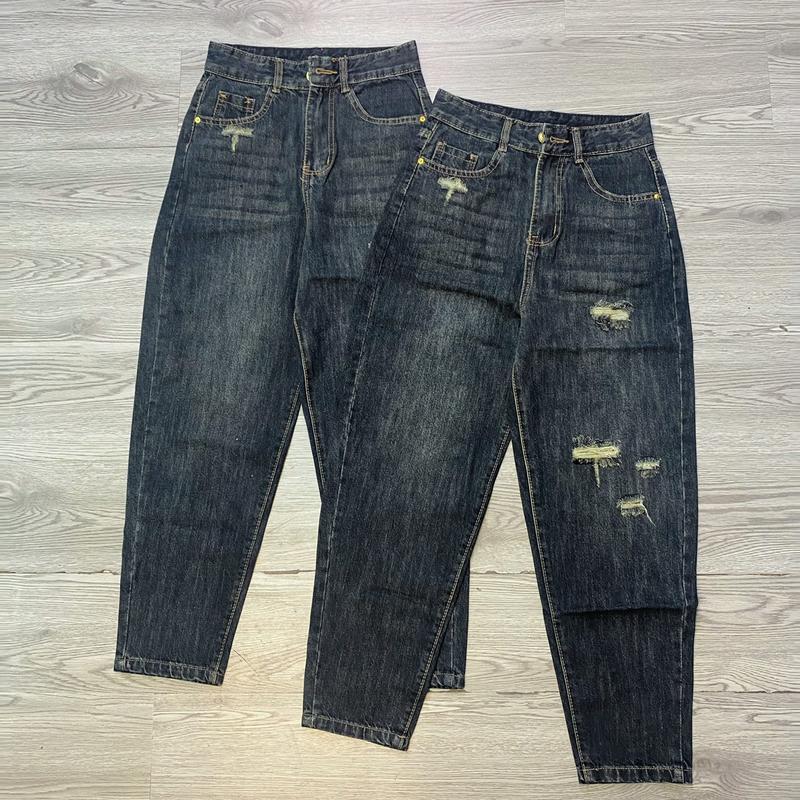 1073 BL342 quần jean baggy nữ dáng thụng cạp cao, quần  bò dáng baggy  nữ ống thụng lưng cao tạo kiểu xước gối thêu chữ túi sau màu đen khói Pants Denim Women Khuy