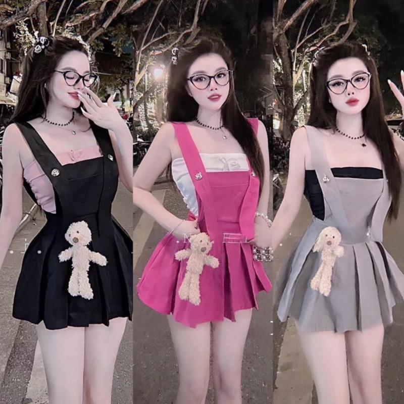 Sét bộ nữ yếm chân váy xếp li kèm áo thun và gấu xinh xỉu chỉ giặt tay 【 đơn áo sơ mi xám Women Kem Top Bo Chun
