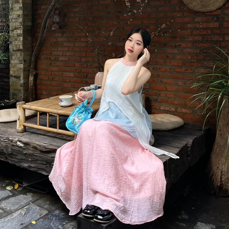 Set áo cổ yếm tơ nhăn phối màu kèm chân váy dài xòe lưng chun Ảnh thật/hàng có sẵn Nữ Women