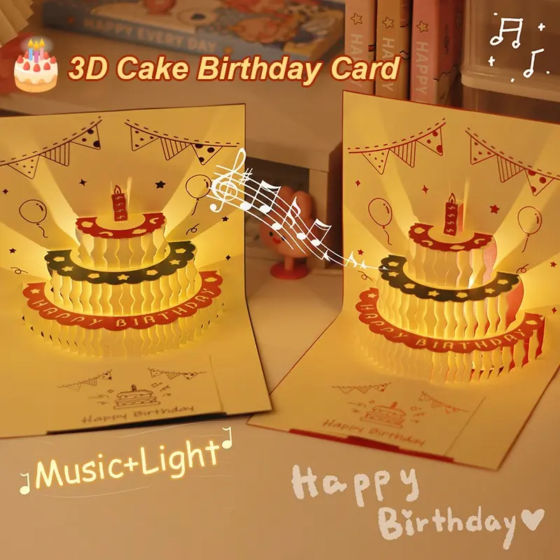 3D Music Light Birthday Card Creative Up Cake Musical Light Greeting Card Birthday Party Gift Message Card