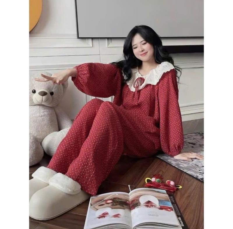 Bộ Ngủ Nữ Thu Đông Chất Vải Đũi Hàn Thô, Đồ Bộ Tiểu Thư Quần Có Túi Free Size 40-62KG - B116