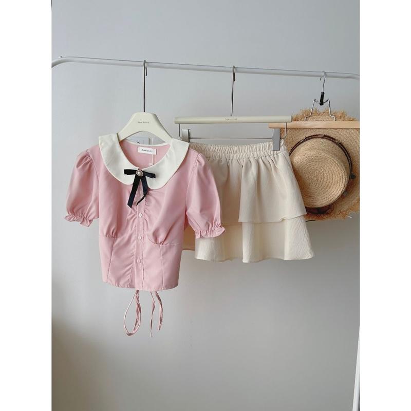 Set Áo Sơ mi Nữ Trắng Hồng Chiết Eo Chân Váy Đũi Sần 2 lớp, Đầm Nữ Chiết Eo Lên Dáng Siêu xᶖnh, Thời trang nữ hot trend 2