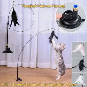 4 in 1 Tongkat Mainan Kucing Bulu Ayam/Tongkat Mainan Kucing Bulu Lentur Suction Cup / Tiang Cakaran Kucing Lonceng / Pet Toys Interaktif Warna-warni/Interaktif Untuk Kucing Anjing