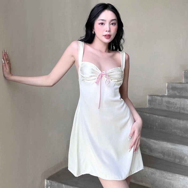  Váy Ngủ Lụa Cúp Ngực Phối Dây Nơ Maisleepwear Lụa Mặc Nhà Cao Cấp MS1157 
