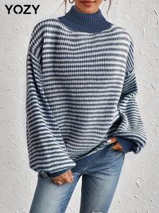 YOZY Women's Striped Print Drop Shoulder Sweater, Casual Long Sleeve Turtle Neck Jumper for Fall & Winter, Fashion Ladies' Knitwear for Daily Wear