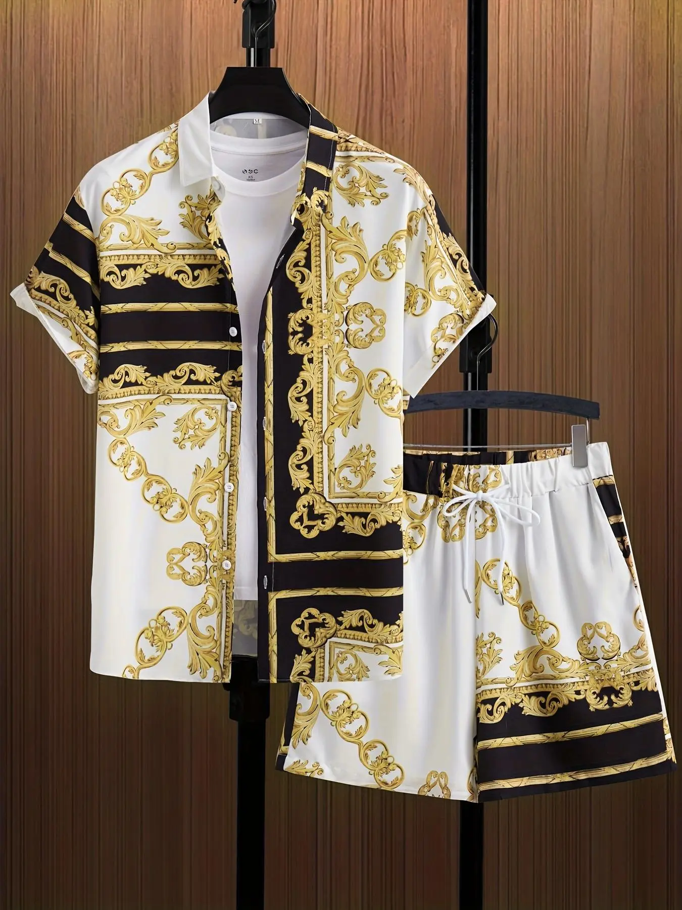 Two Counts Men's Baroque Print Button Front Shirt & Drawstring Waist Shorts Set, Regular Fit Summer Clothes, Casual Soft Comfy Short Sleeve Collared Top & Straight Leg Shorts for Beach Vacation, Men's Two-piece Outfits for Summer