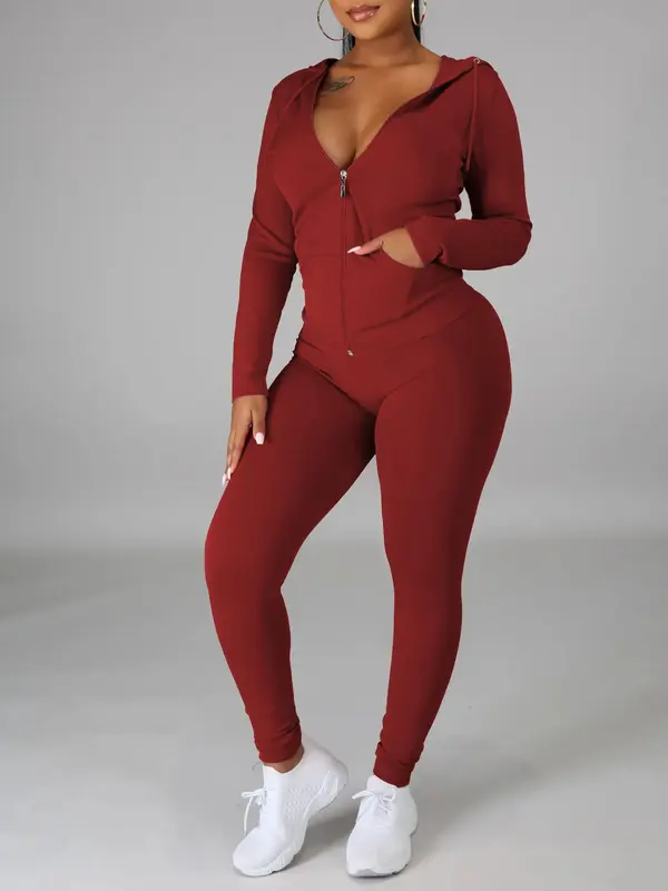 【Plus Size】 Two-Piece Set Solid Zip Up Pocket Hooded Jacket & Pants, Casual Long Sleeve Hooded Top & Trousers for Spring & Fall, Women's Clothes for Daily Wear 5