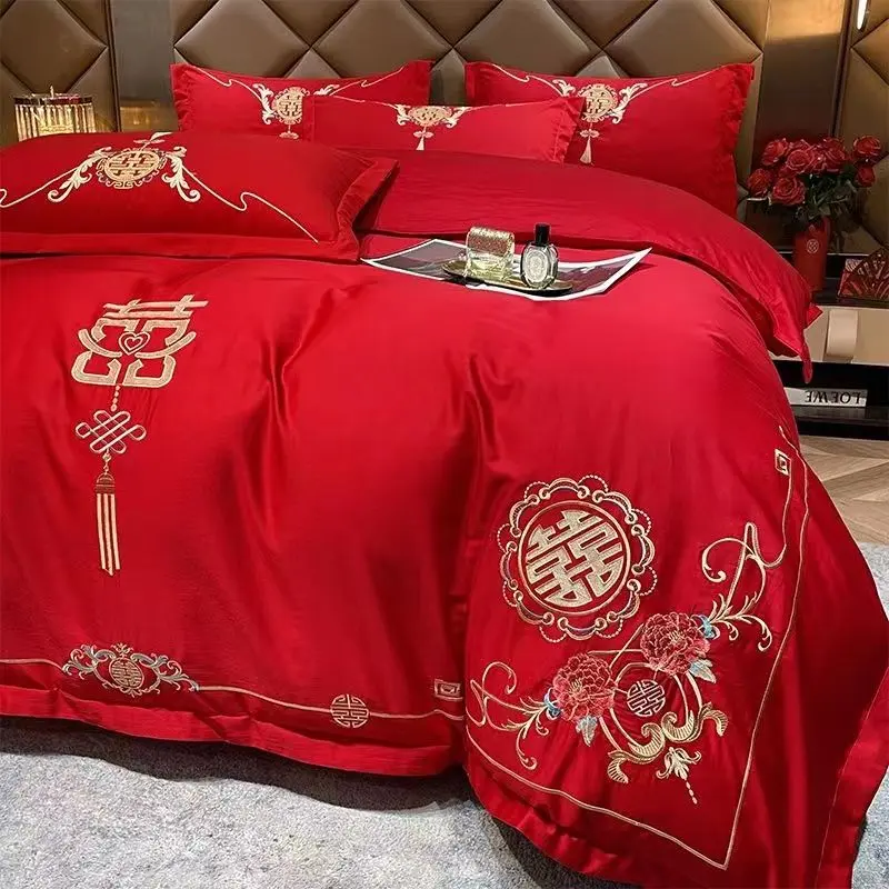 Bộ Bốn Món Đám Cưới Trung Quốc Cao Cấp, Chất Liệu Cotton Nguyên Chất, Thêu Màu Đỏ Tươi, Thích Hợp Cho Phòng Cưới, Bộ Chăn Ga Trải Giường Đôi, Bộ Đồ Ngủ Đám Cưới, Năm 2024