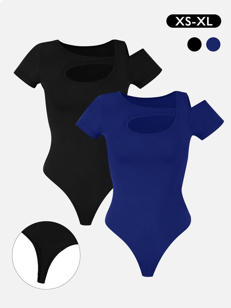 Product Introduction of Women's Solid Color Cut Out Bodysuit, Casual Comfy Breathable Short Sleeve Bodysuit for Daily Wear, Ladies Clothes for Summer 4