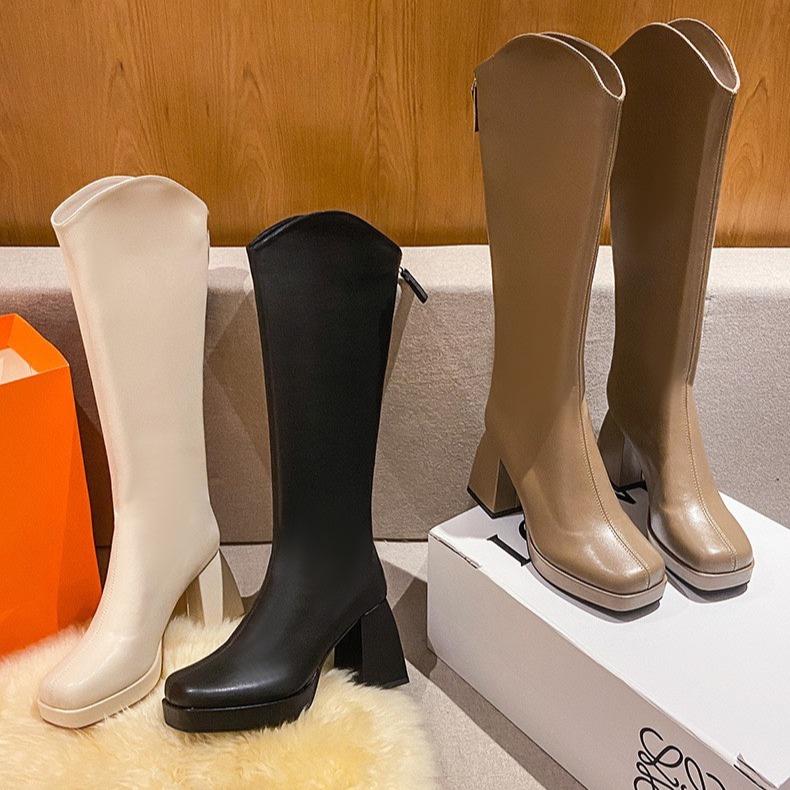 [Hàng full hộp - LÙI 1 SIZE] Bốt đùi cổ V Tim 8 phân khoá sau đế vuông phong cách Hàn Quốc Nữ Boot Shoes GiàY