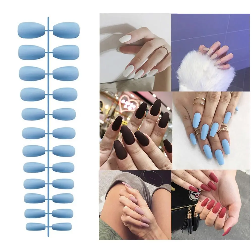 24Pcs Nail Tips Detachable Solid Color Fake Nails Wearable Full Cover Ballet Trapezoid False Nails Matte Manicure Press-on Nails Women