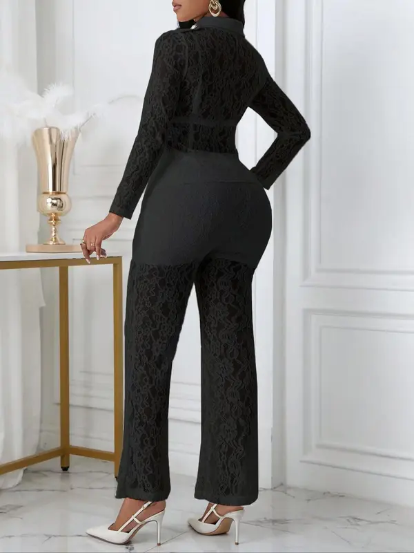 Women's Floral Lace Button Front Pocket Jacket & High Waist Pants Set, Elegant Sheer Long Sleeve Collared Top & Straight Leg Pants for Vacation Holiday Party, Ladies Clothes for All Seasons, Sassyclassyclothing, Co-ord Sets for Women 3