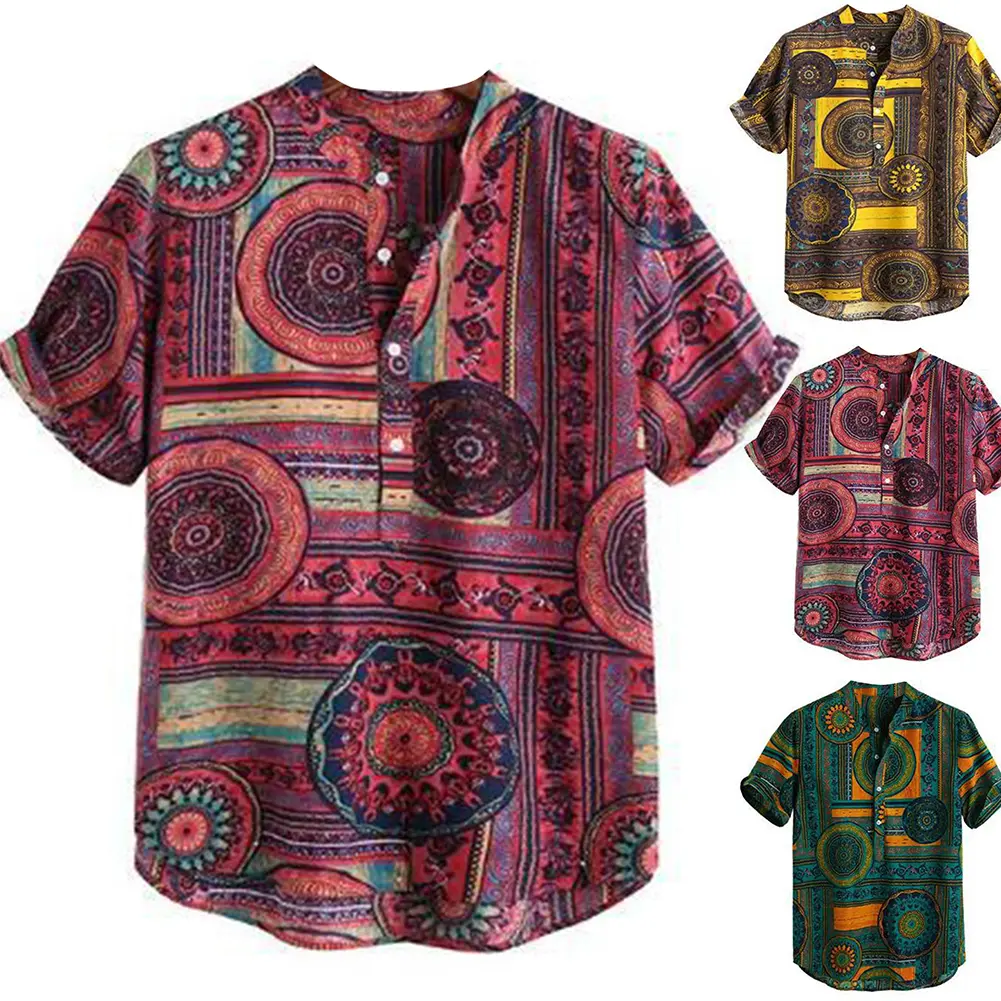 Summer Men Color Block Ethnic Geometry Print Short Sleeve Buttons Pullover Shirt