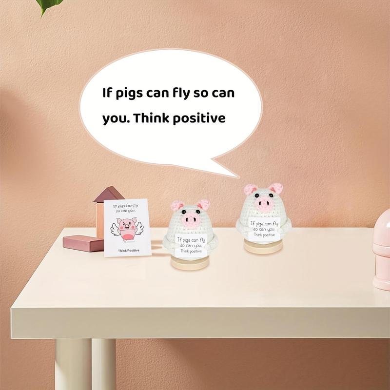 Product Introduction of Cute Piggy Design Crochet Kit, 2 Counts/set Funny Positive Handmade Knitted Crochet Toy, Mini Cute Knitting Doll Gifts with Encouraging Card 4