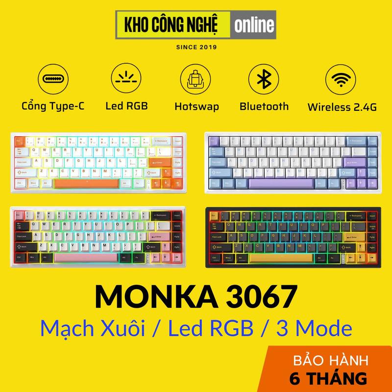 Bàn phím cơ MONKA 3067 Không Dây, Mạch Xuôi, Led RGB, Kết Nối 3 Modes