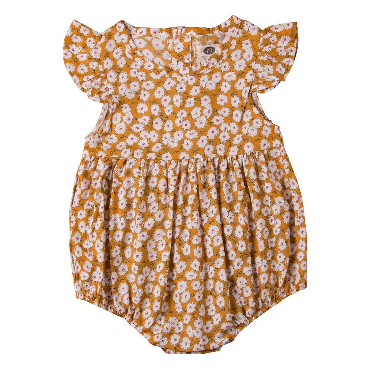 Baby Girls Summer Romper, 0-24 Months Floral Ruffle Sleeve Classical Round Back Button Outfit, Button Closure Loose  Jumpsuit