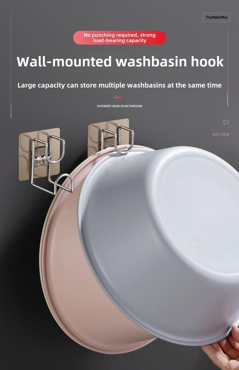 Product Introduction of No Drill Bathroom Hooks - Adhesive Wall Mounted Basin Holder, Space Saving Shower Organizer, Strong Sticky Hanging Rack for Face Wash Bowl, Durable & Waterproof - Perfect for Home, Toilet, Kitchen - Easy Install, Stay Firm 0
